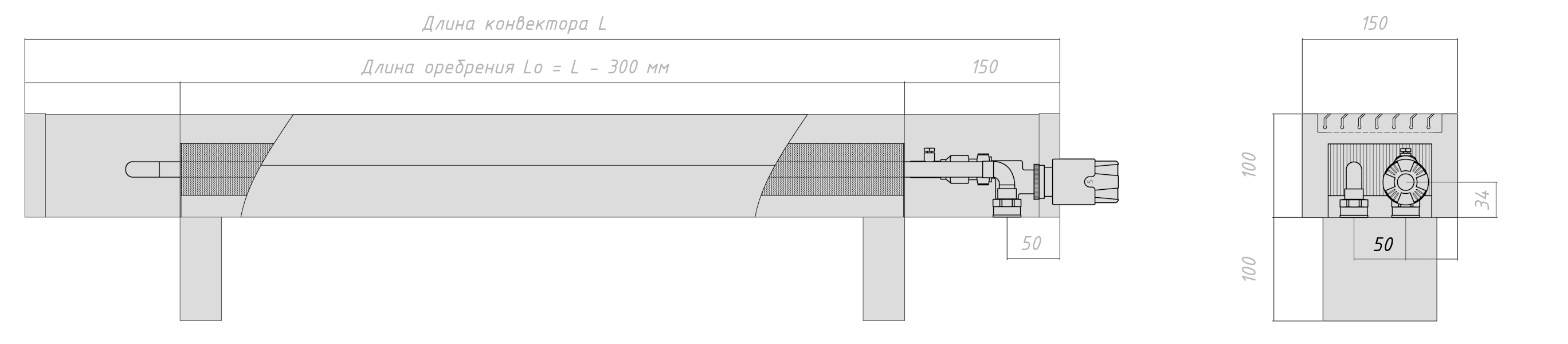 Технический чертёж нижнего подключения